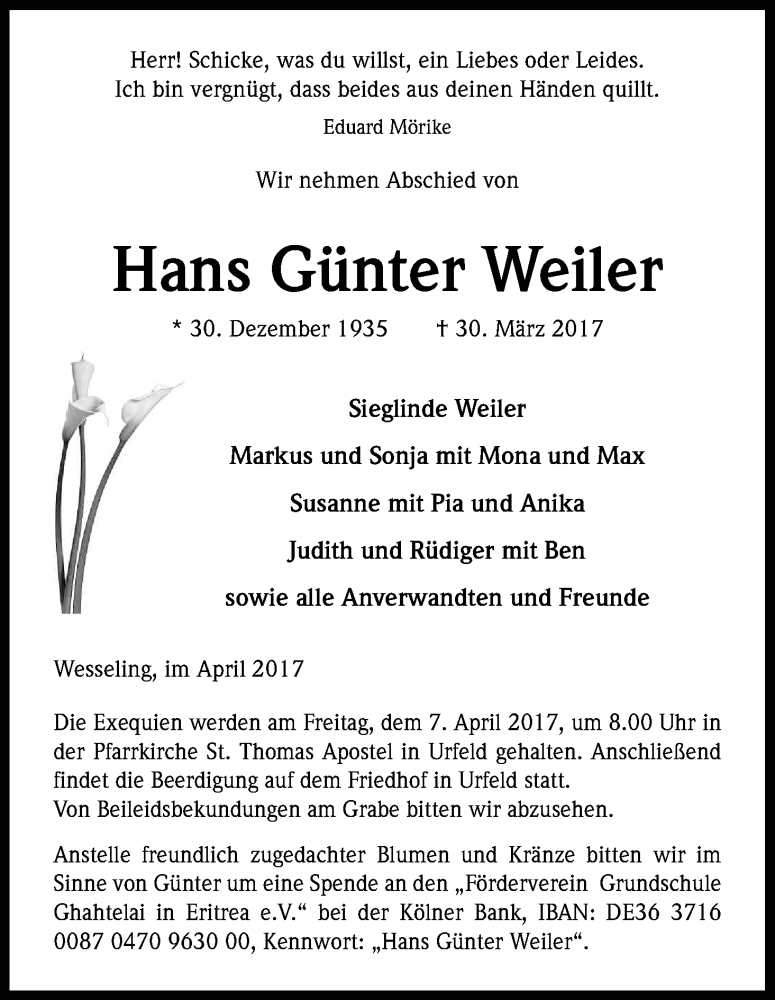  Traueranzeige für Hans Günter Weiler vom 05.04.2017 aus Kölner Stadt-Anzeiger / Kölnische Rundschau / Express