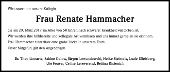 Anzeige von Renate Hammacher von Kölner Stadt-Anzeiger / Kölnische Rundschau / Express