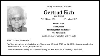 Anzeige von Gertrud Eich von Kölner Stadt-Anzeiger / Kölnische Rundschau / Express