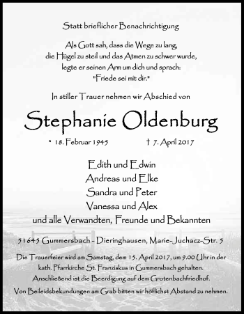 Anzeige von Stephanie Oldenburg von Kölner Stadt-Anzeiger / Kölnische Rundschau / Express