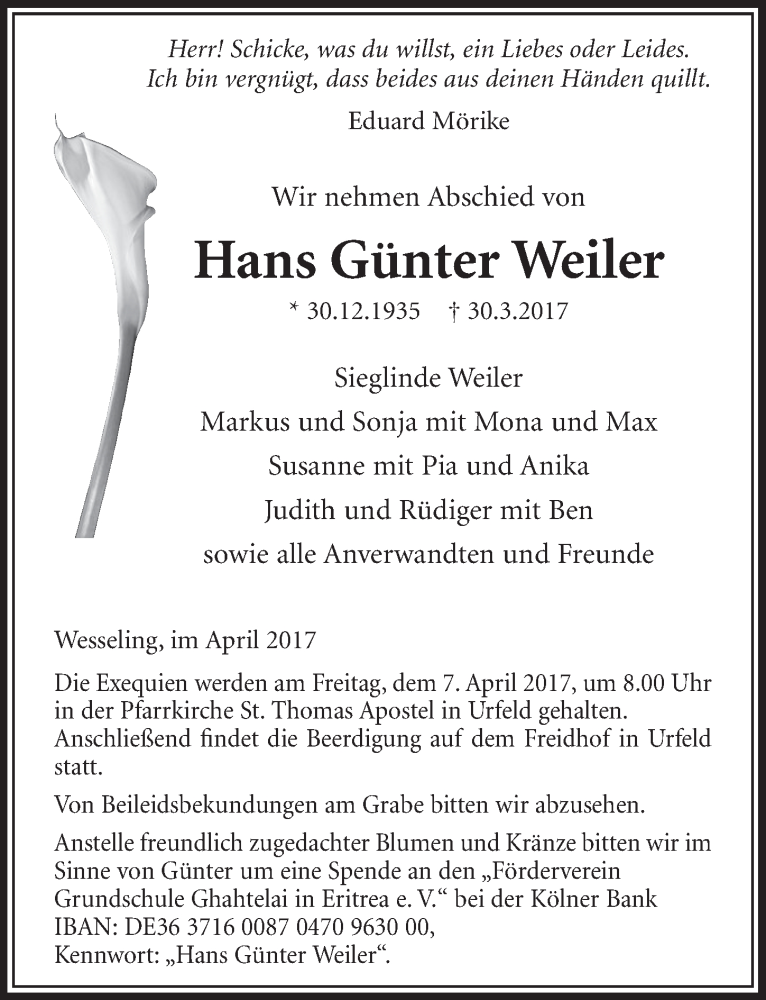  Traueranzeige für Hans Günter Weiler vom 05.04.2017 aus  Schlossbote/Werbekurier 