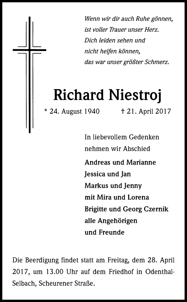  Traueranzeige für Richard Niestroj vom 26.04.2017 aus Kölner Stadt-Anzeiger / Kölnische Rundschau / Express