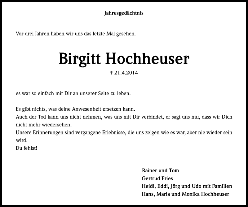  Traueranzeige für Birgitt Hochheuser vom 21.04.2017 aus Kölner Stadt-Anzeiger / Kölnische Rundschau / Express