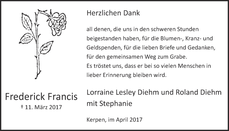  Traueranzeige für Frederick Francis vom 26.04.2017 aus  Kölner Wochenspiegel 