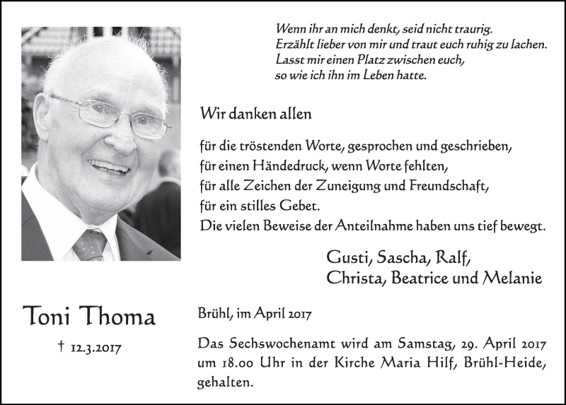  Traueranzeige für Toni Thoma vom 19.04.2017 aus  Schlossbote/Werbekurier 