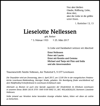 Anzeige von Lieselotte Nellessen von Kölner Stadt-Anzeiger / Kölnische Rundschau / Express