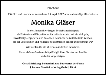 Anzeige von Monika Gläser von Kölner Stadt-Anzeiger / Kölnische Rundschau / Express