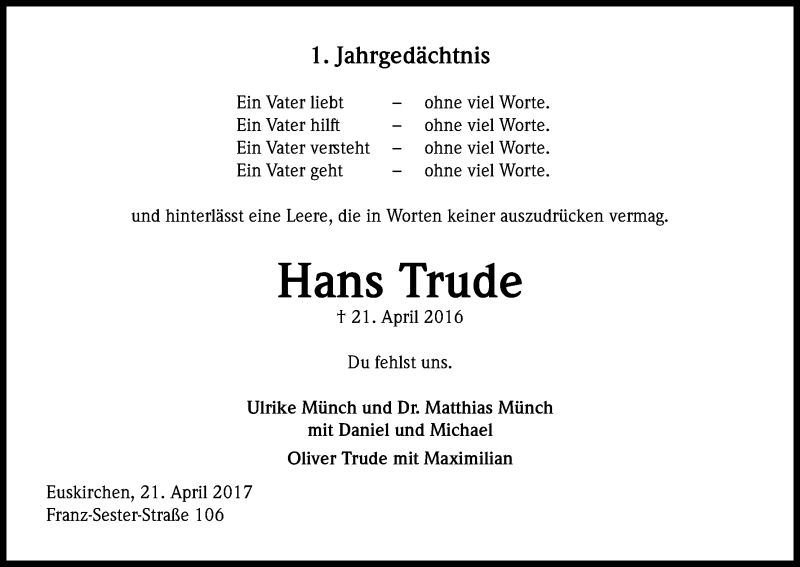  Traueranzeige für Hans Trude vom 21.04.2017 aus Kölner Stadt-Anzeiger / Kölnische Rundschau / Express