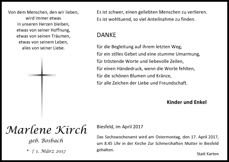  Traueranzeige für Marlene Kirch vom 08.04.2017 aus Kölner Stadt-Anzeiger / Kölnische Rundschau / Express