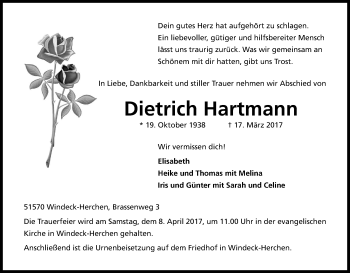 Anzeige von Dietrich Hartmann von Kölner Stadt-Anzeiger / Kölnische Rundschau / Express