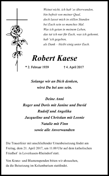 Anzeige von Robert Kaese von Kölner Stadt-Anzeiger / Kölnische Rundschau / Express