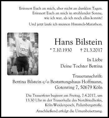 Anzeige von Hans Bilstein von Kölner Stadt-Anzeiger / Kölnische Rundschau / Express