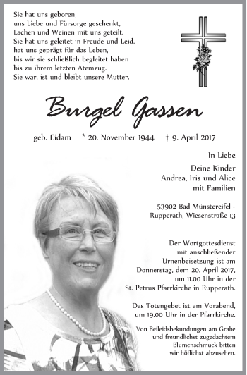 Anzeige von Burgel Gassen von  Blickpunkt Euskirchen 
