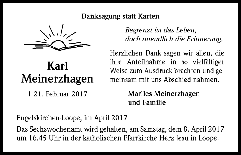  Traueranzeige für Karl Meinerzhagen vom 01.04.2017 aus Kölner Stadt-Anzeiger / Kölnische Rundschau / Express