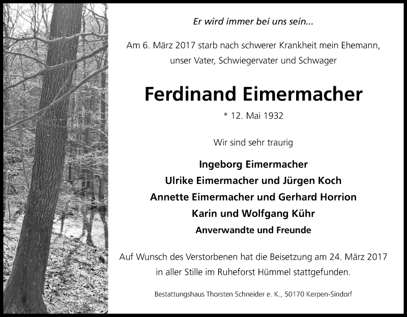  Traueranzeige für Ferdinand Eimermacher vom 01.04.2017 aus Kölner Stadt-Anzeiger / Kölnische Rundschau / Express