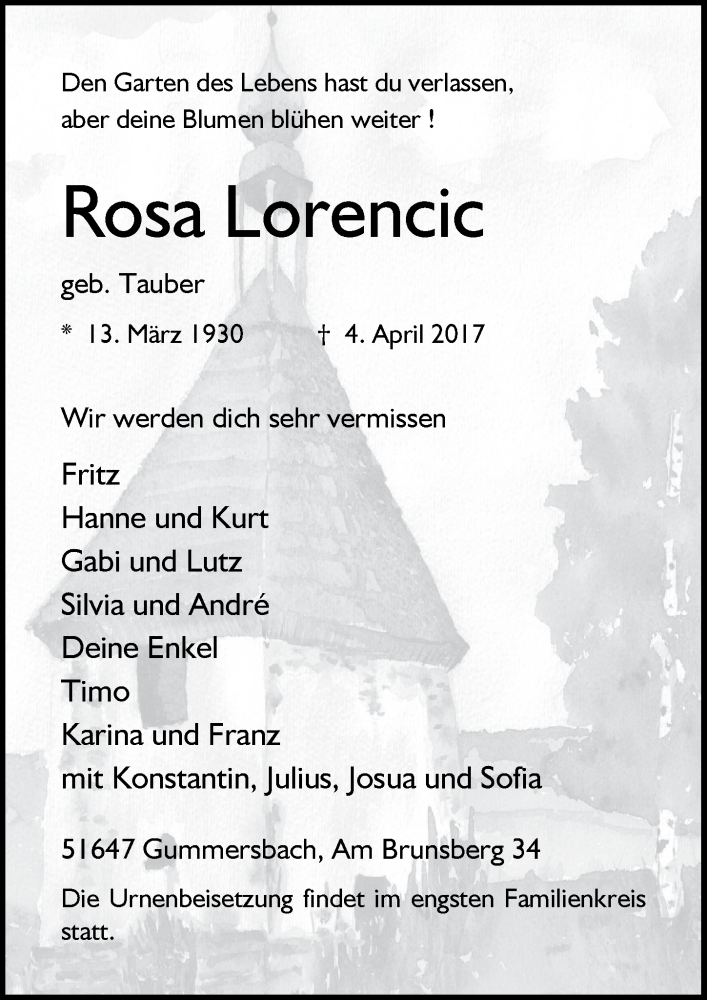  Traueranzeige für Rosa Lorencic vom 12.04.2017 aus  Anzeigen Echo 