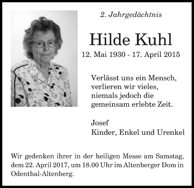  Traueranzeige für Hilde Kuhl vom 15.04.2017 aus Kölner Stadt-Anzeiger / Kölnische Rundschau / Express