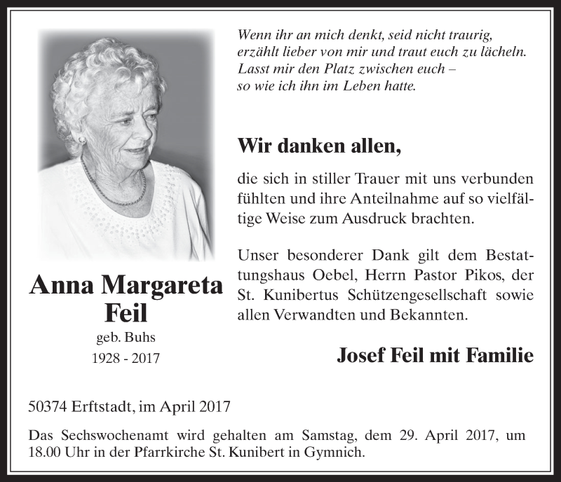  Traueranzeige für Anna Margareta Feil vom 19.04.2017 aus  Werbepost 
