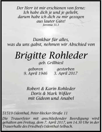 Anzeige von Brigitte Rohleder von Kölner Stadt-Anzeiger / Kölnische Rundschau / Express