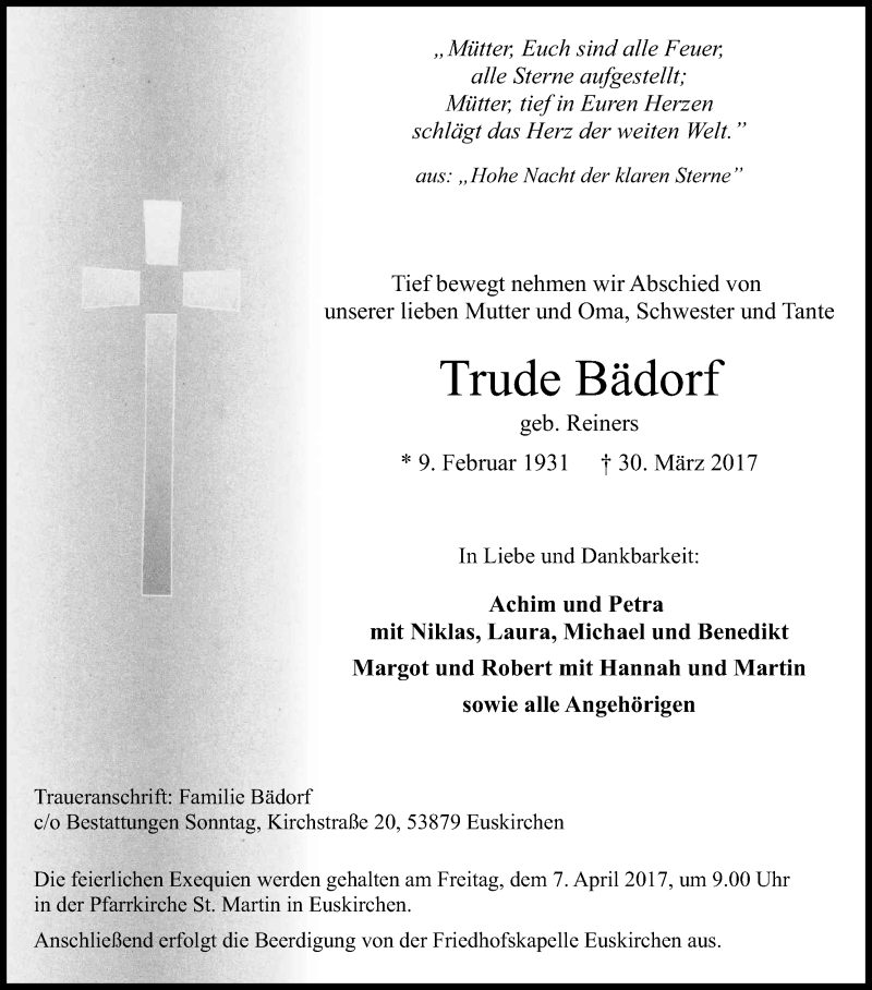  Traueranzeige für Trude Bädorf vom 04.04.2017 aus Kölner Stadt-Anzeiger / Kölnische Rundschau / Express