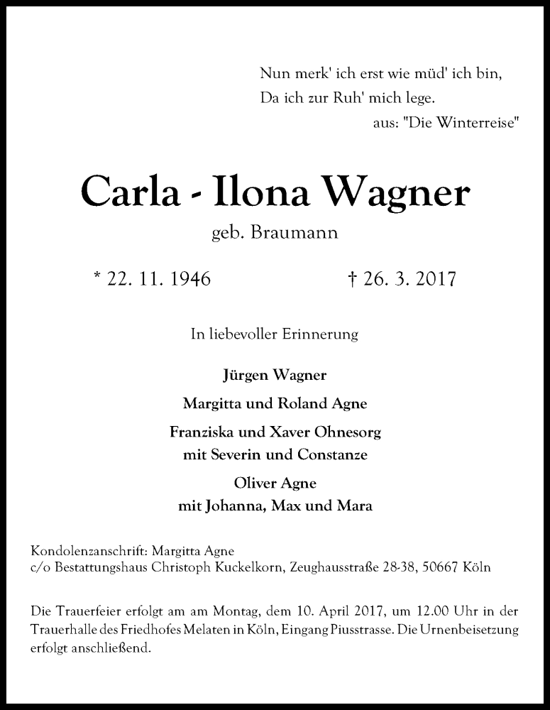  Traueranzeige für Carla-Ilona Wagner vom 01.04.2017 aus Kölner Stadt-Anzeiger / Kölnische Rundschau / Express