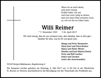 Anzeige von Willi Reimer von Kölner Stadt-Anzeiger / Kölnische Rundschau / Express