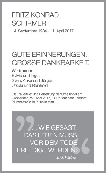 Anzeige von Fritz Konrad Schirmer von  Sonntags-Post 