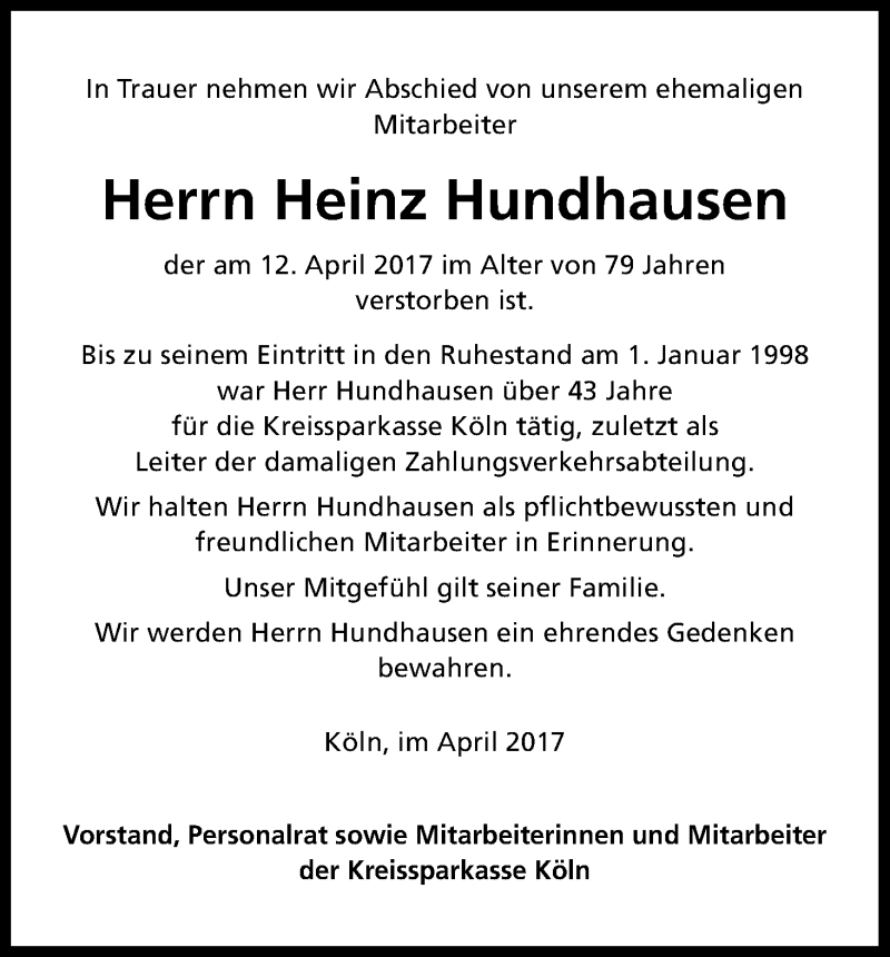  Traueranzeige für Heinz Hundhausen vom 21.04.2017 aus Kölner Stadt-Anzeiger / Kölnische Rundschau / Express