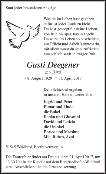 Anzeige von Gusti Deegener von  Lokalanzeiger 