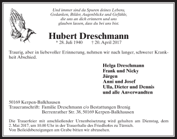 Anzeige von Hubert Dreschmann von  Werbepost 