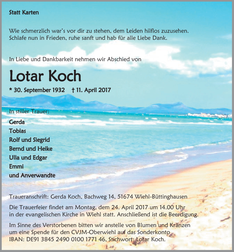  Traueranzeige für Lotar Koch vom 19.04.2017 aus  Anzeigen Echo 