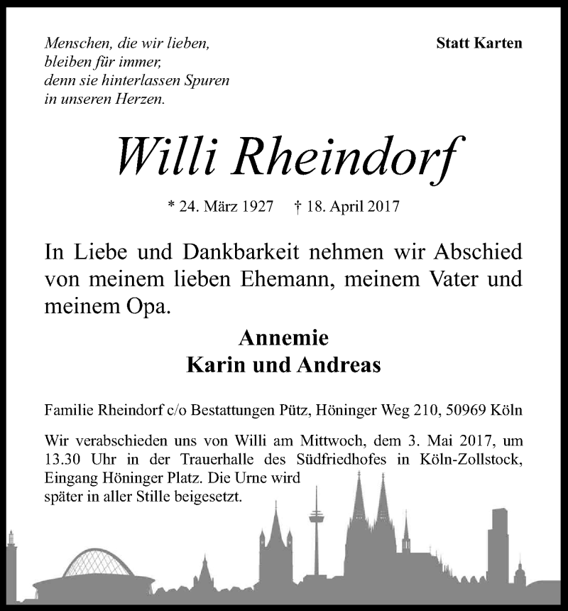  Traueranzeige für Willi Rheindorf vom 29.04.2017 aus Kölner Stadt-Anzeiger / Kölnische Rundschau / Express