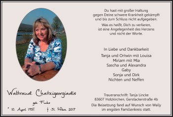Anzeige von Waltraud Chatzigeorgiadis von  Bergisches Handelsblatt 
