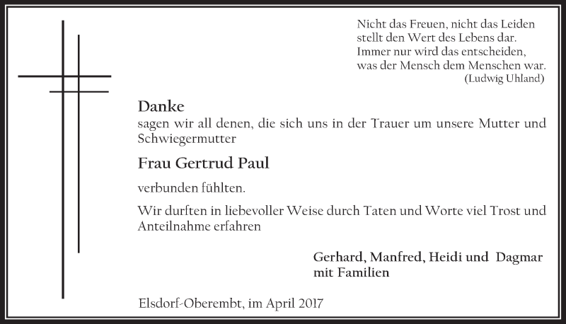  Traueranzeige für Gertrud Paul vom 26.04.2017 aus  Werbepost 
