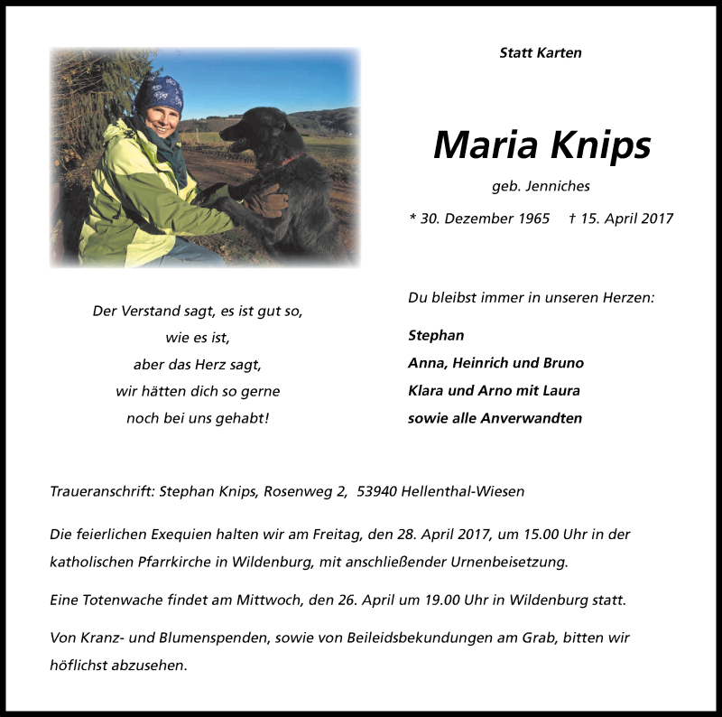  Traueranzeige für Maria Knips vom 22.04.2017 aus Kölner Stadt-Anzeiger / Kölnische Rundschau / Express