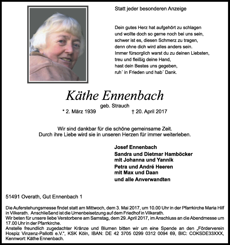  Traueranzeige für Käthe Ennenbach vom 26.04.2017 aus Kölner Stadt-Anzeiger / Kölnische Rundschau / Express