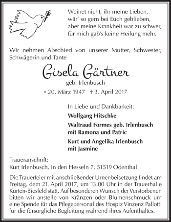 Anzeige von Gisela Gärtner von  Bergisches Handelsblatt 