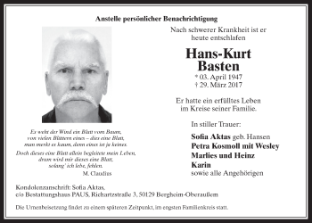 Anzeige von Hans-Kurt Basten von  Werbepost 