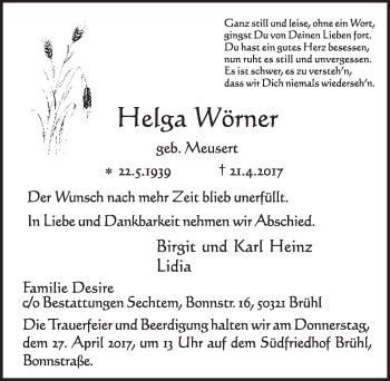 Anzeige von Helga Wörner von  Schlossbote/Werbekurier 