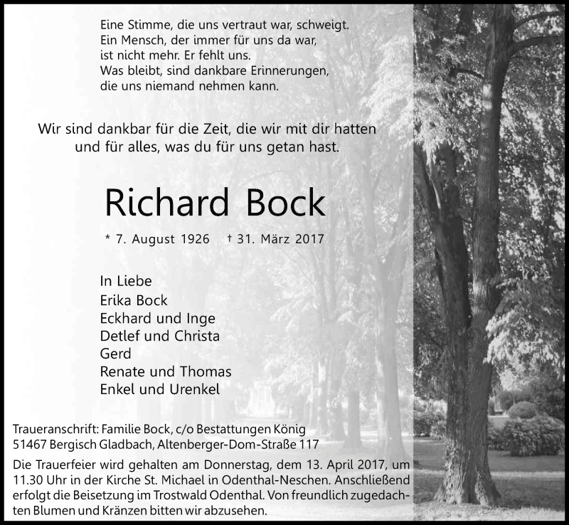  Traueranzeige für Richard Bock vom 08.04.2017 aus Kölner Stadt-Anzeiger / Kölnische Rundschau / Express