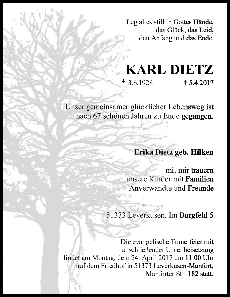  Traueranzeige für Karl Dietz vom 15.04.2017 aus Kölner Stadt-Anzeiger / Kölnische Rundschau / Express