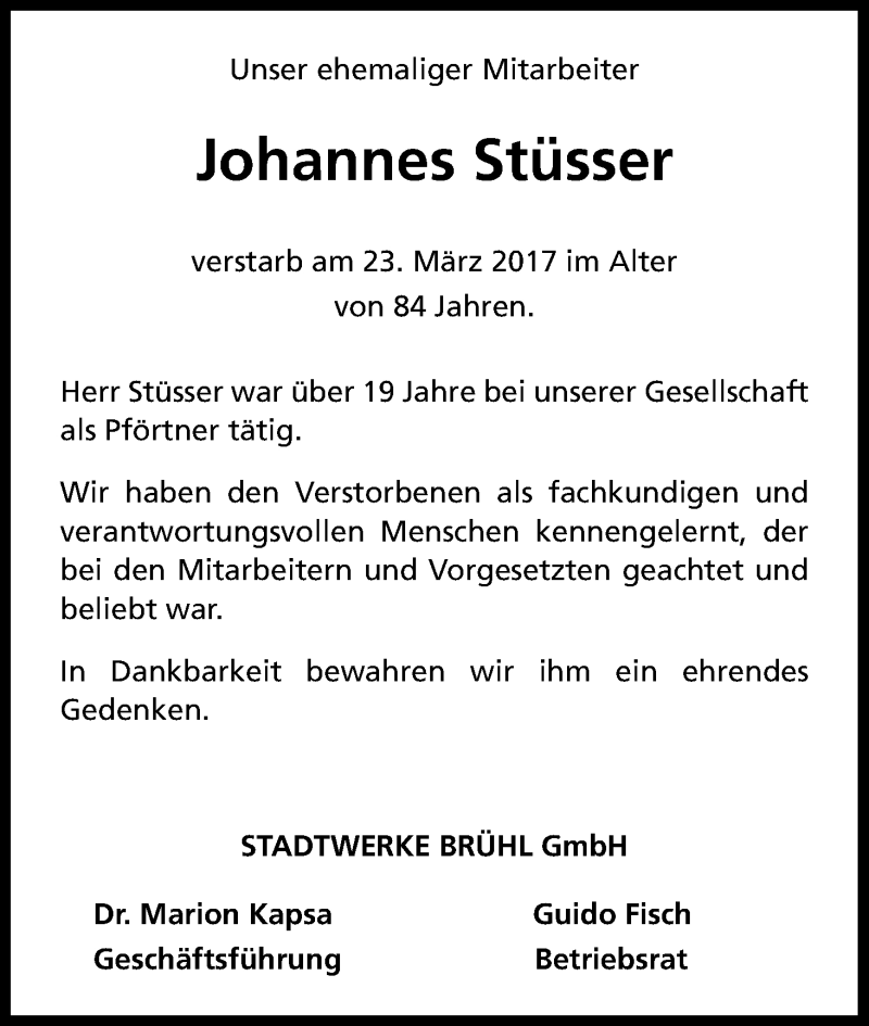  Traueranzeige für Johannes Stüsser vom 01.04.2017 aus Kölner Stadt-Anzeiger / Kölnische Rundschau / Express
