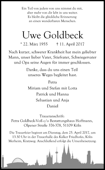 Anzeige von Uwe Goldheck von Kölner Stadt-Anzeiger / Kölnische Rundschau / Express