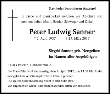 Anzeige von Peter Ludwig Sanner von Kölner Stadt-Anzeiger / Kölnische Rundschau / Express
