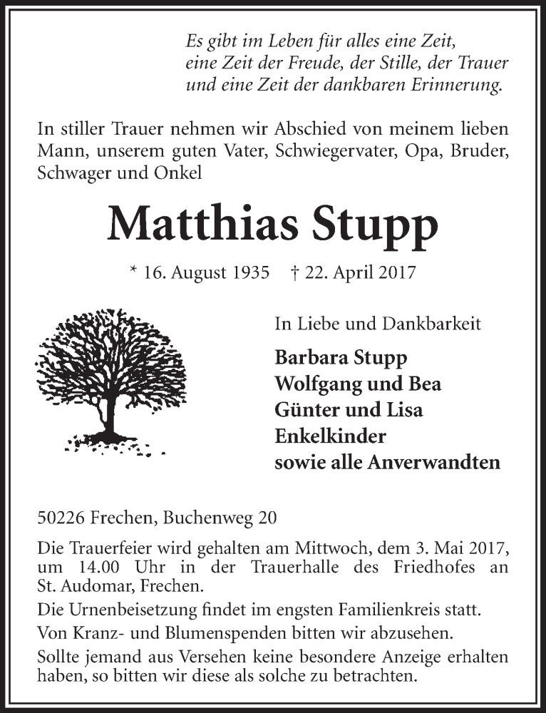  Traueranzeige für Matthias Stupp vom 29.04.2017 aus  Sonntags-Post 