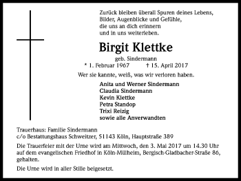 Anzeige von Birgit Klettke von Kölner Stadt-Anzeiger / Kölnische Rundschau / Express