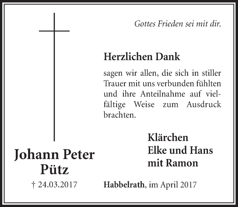  Traueranzeige für Johann Peter Pütz vom 29.04.2017 aus  Sonntags-Post 