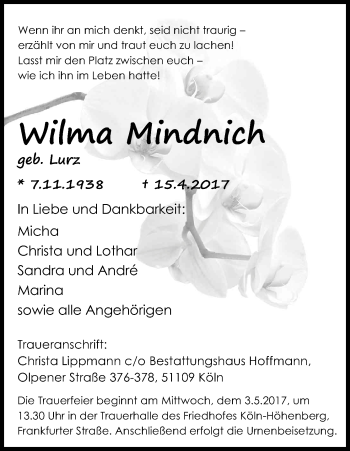 Anzeige von Wilma Mindnich von Kölner Stadt-Anzeiger / Kölnische Rundschau / Express