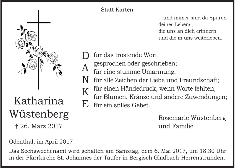  Traueranzeige für Katharina Wüstenberg vom 29.04.2017 aus  Bergisches Sonntagsblatt 