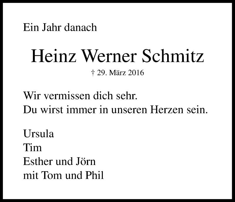  Traueranzeige für Heinz Werner Schmitz vom 01.04.2017 aus Kölner Stadt-Anzeiger / Kölnische Rundschau / Express